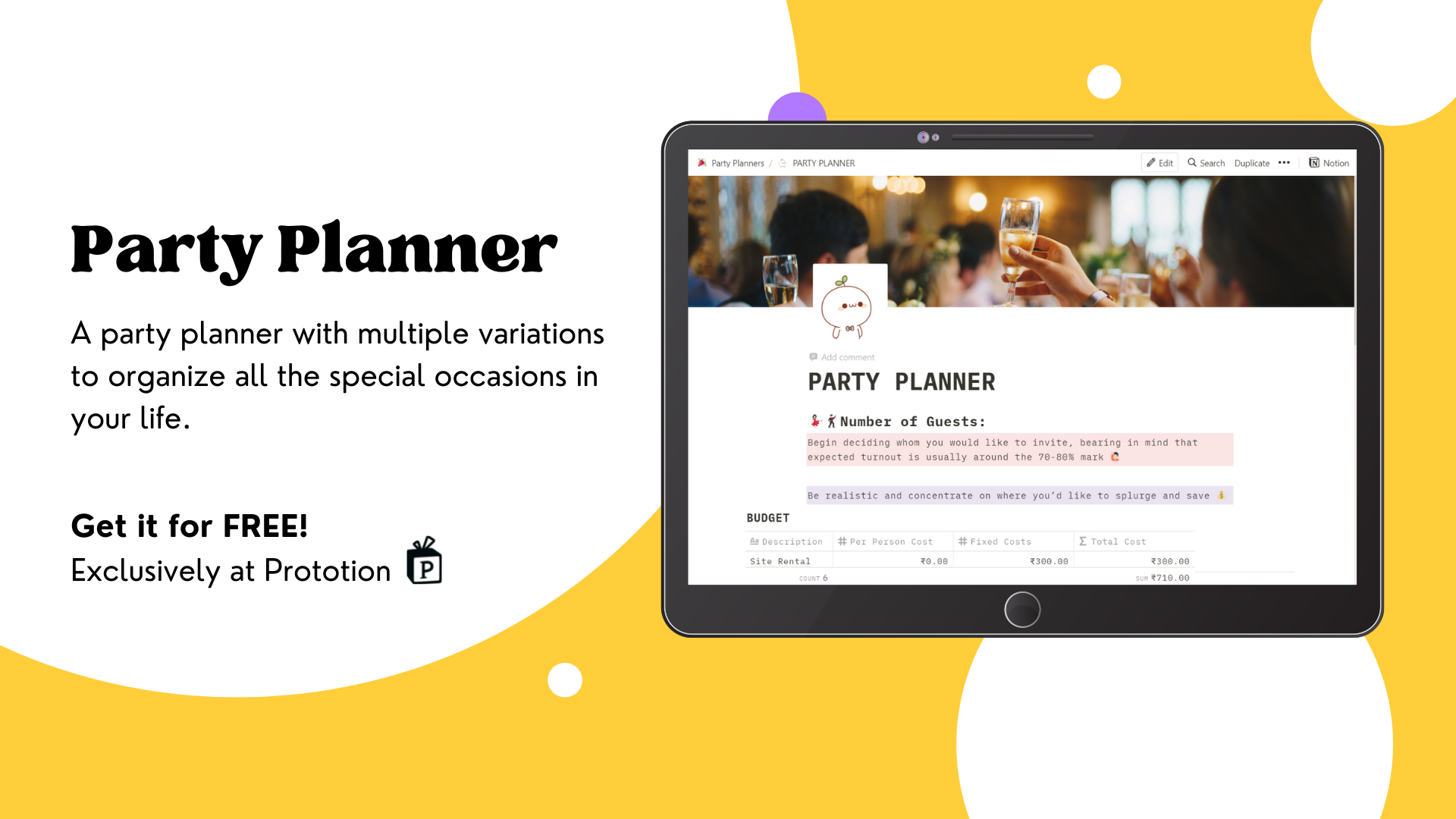 Party Planners | Free Notion Template| Prototion