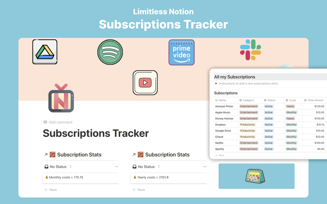 Subscriptions Tracker | Free Notion Template| Prototiom