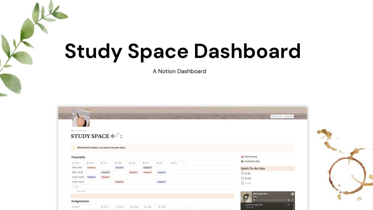 Study Space Dashboard (Beige) | Notion Template | Prototion