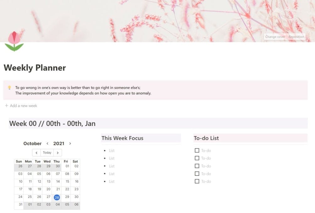 Minimalist Weekly Planner | Notion Template | Prototion