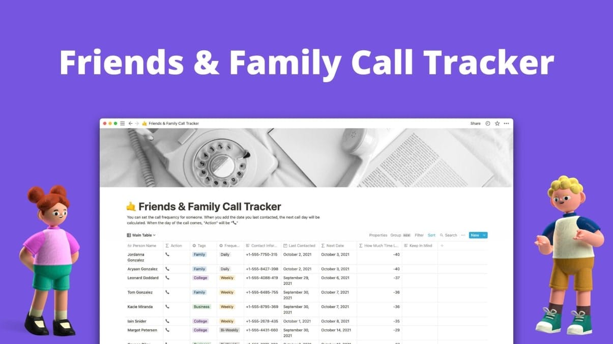Friends & Family Call Tracker | Notion Template | Prototion