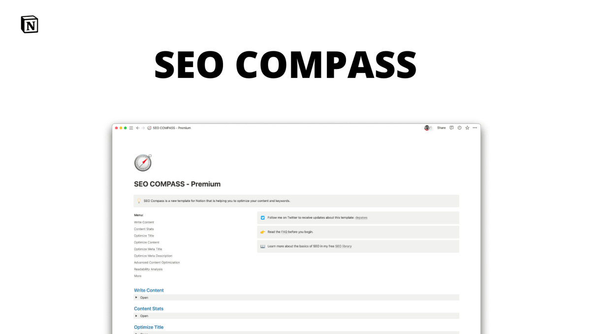 SEO COMPASS - Premium | Notion Template | Prototion