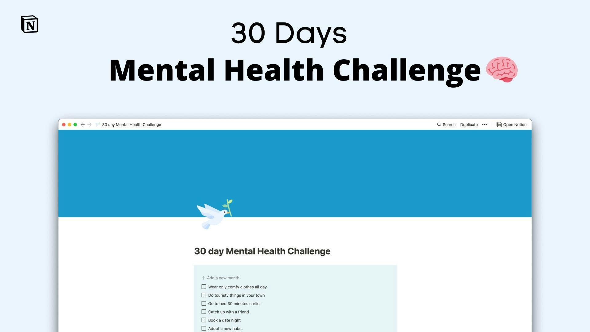 30 day Mental Health Challenge | Notion Template | Prototion
