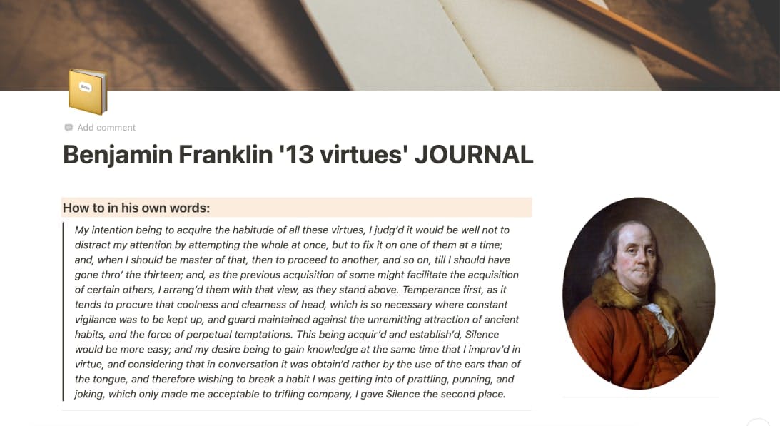 Benjamin Franklin's 13 virtues JOURNAL 