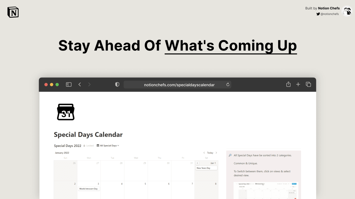 Special Days Calendar 2022 | Prototion | Buy Notion Template