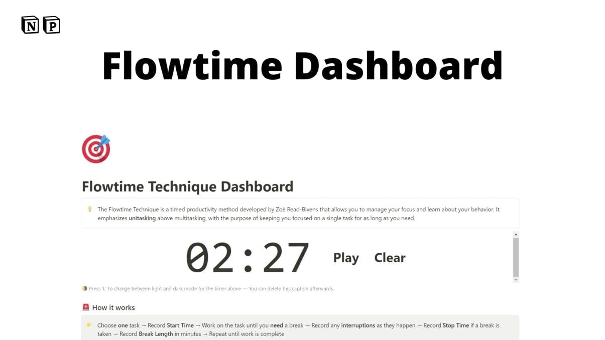 Flowtime Dashboard | Prototion | Get Notion Template