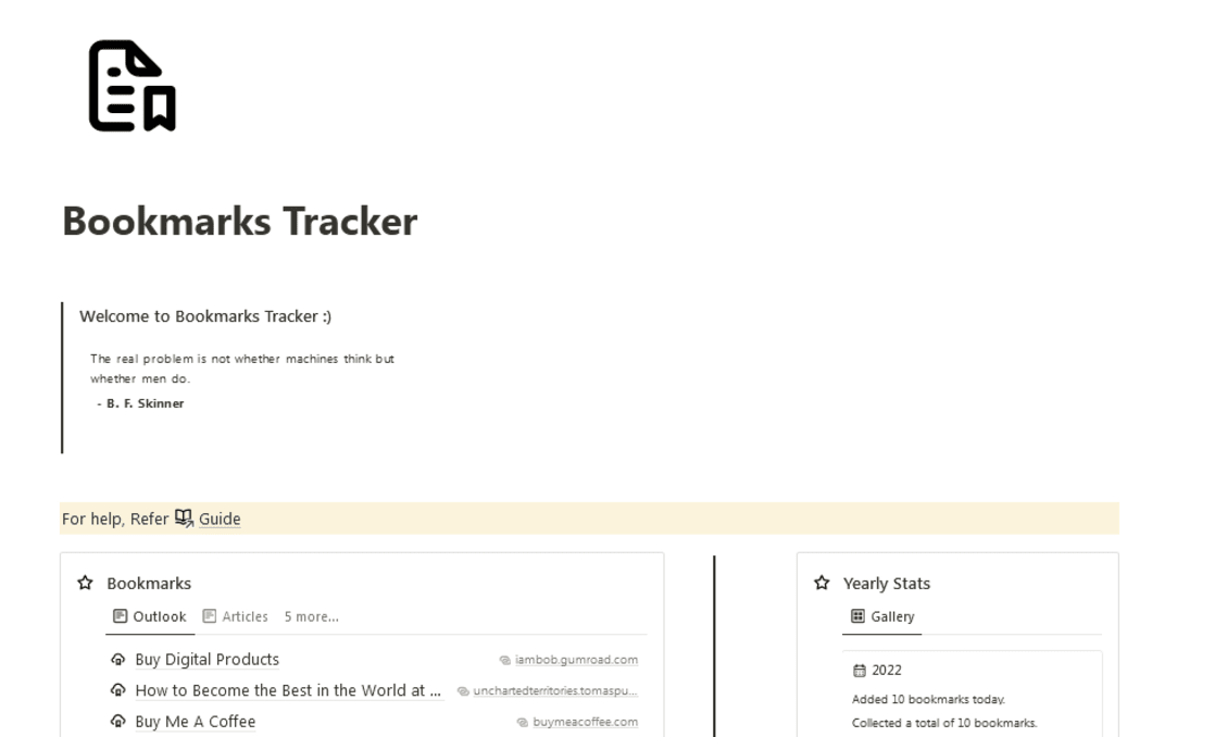 Minimal Bookmarks Tracker | Prototion | Buy Notion Template