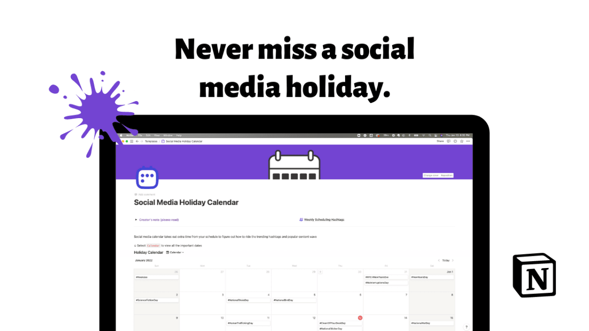 Social Media Holiday Calendar | Prototion | Notion Template