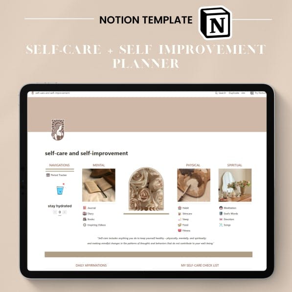 Self Care and Self Improvement Notion Planner and Tracker