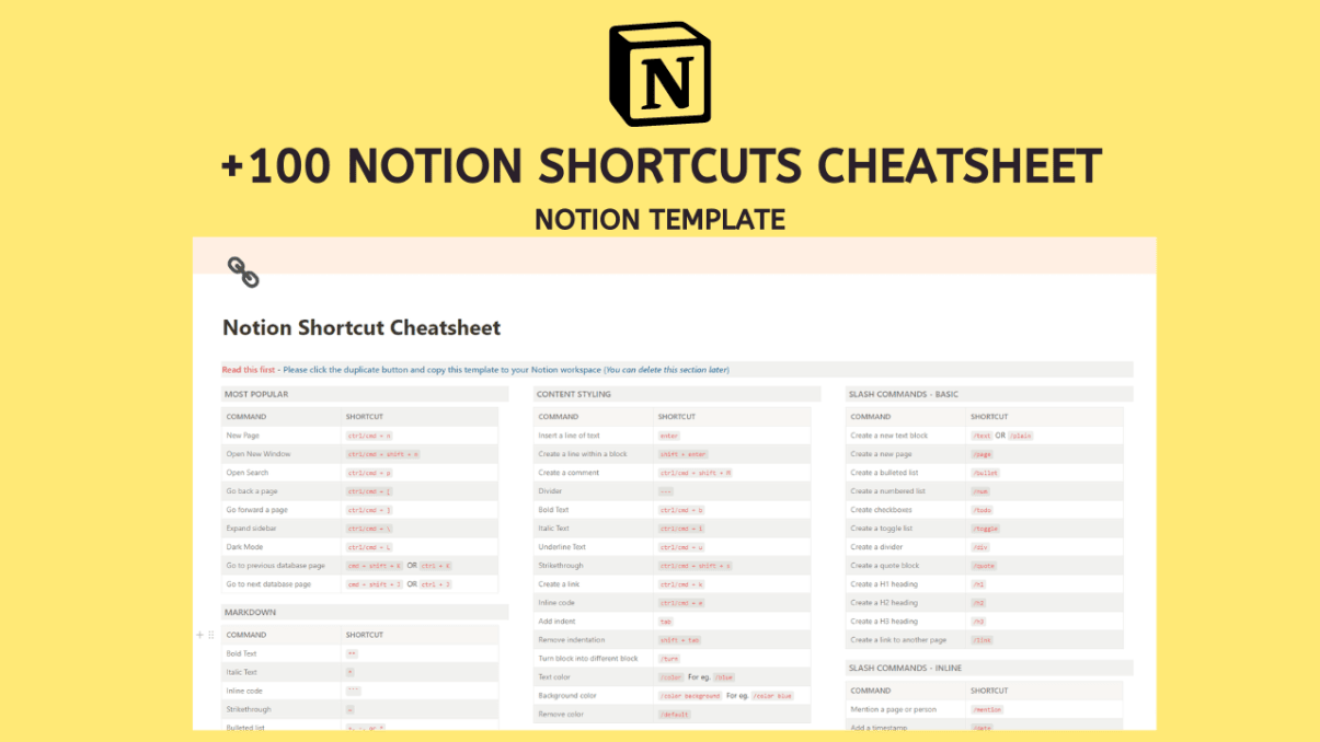 100+ Notion Shortcuts Cheatsheet | Prototion