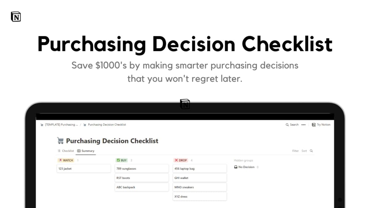 Purchasing Decision Checklist | Prototion | Notion Template